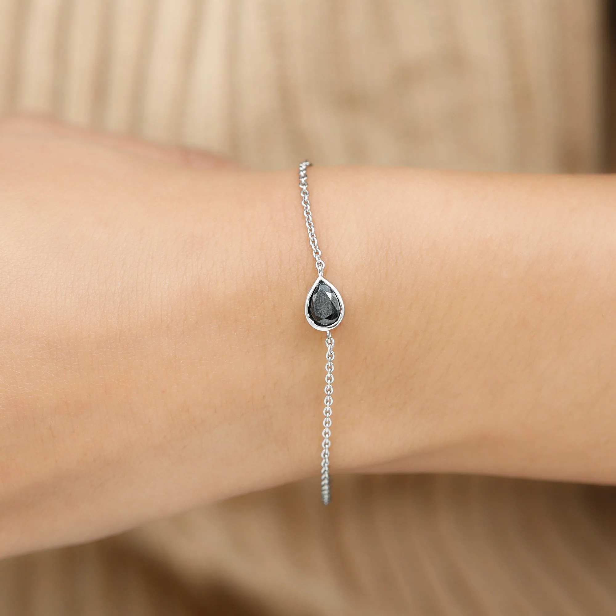5X7 MM Bezel Set Pear Cut Solitaire Black Diamond Chain Bracelet