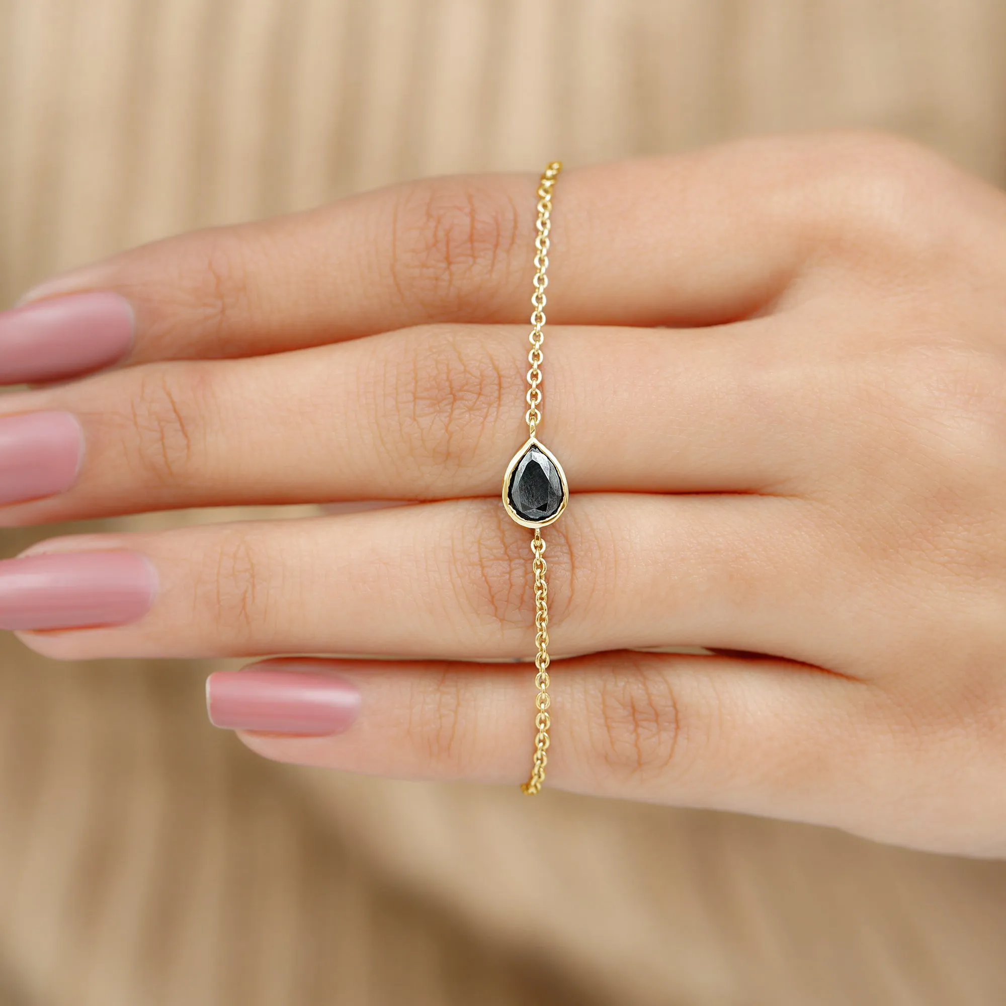 5X7 MM Bezel Set Pear Cut Solitaire Black Diamond Chain Bracelet