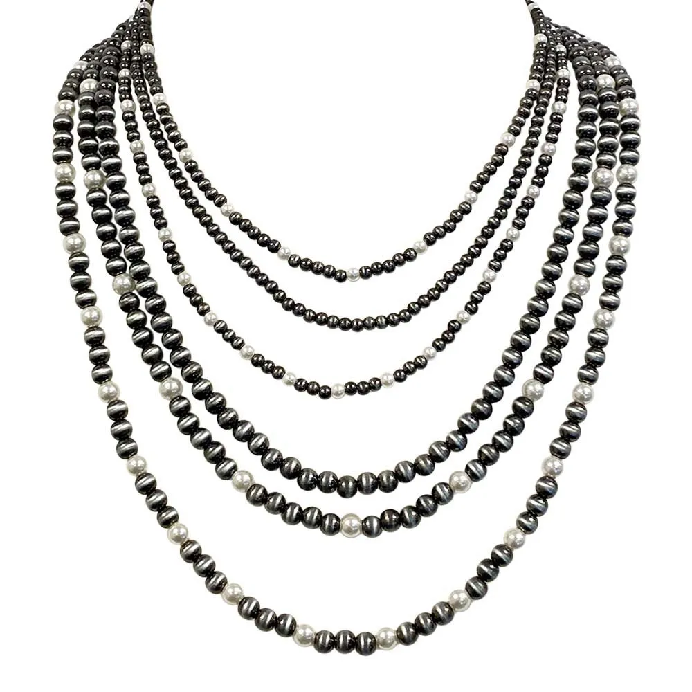 6 Layered Pearl & Navajo Pearl Necklace