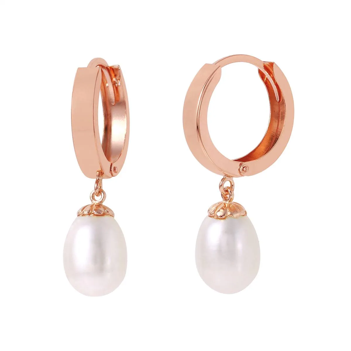 8 Carat 14K Solid Rose Gold Pearl Drop Hoop Earrings