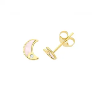 9ct Yellow Gold Zirconia &Mother Of Pearl Moon Stud Earrings ES631