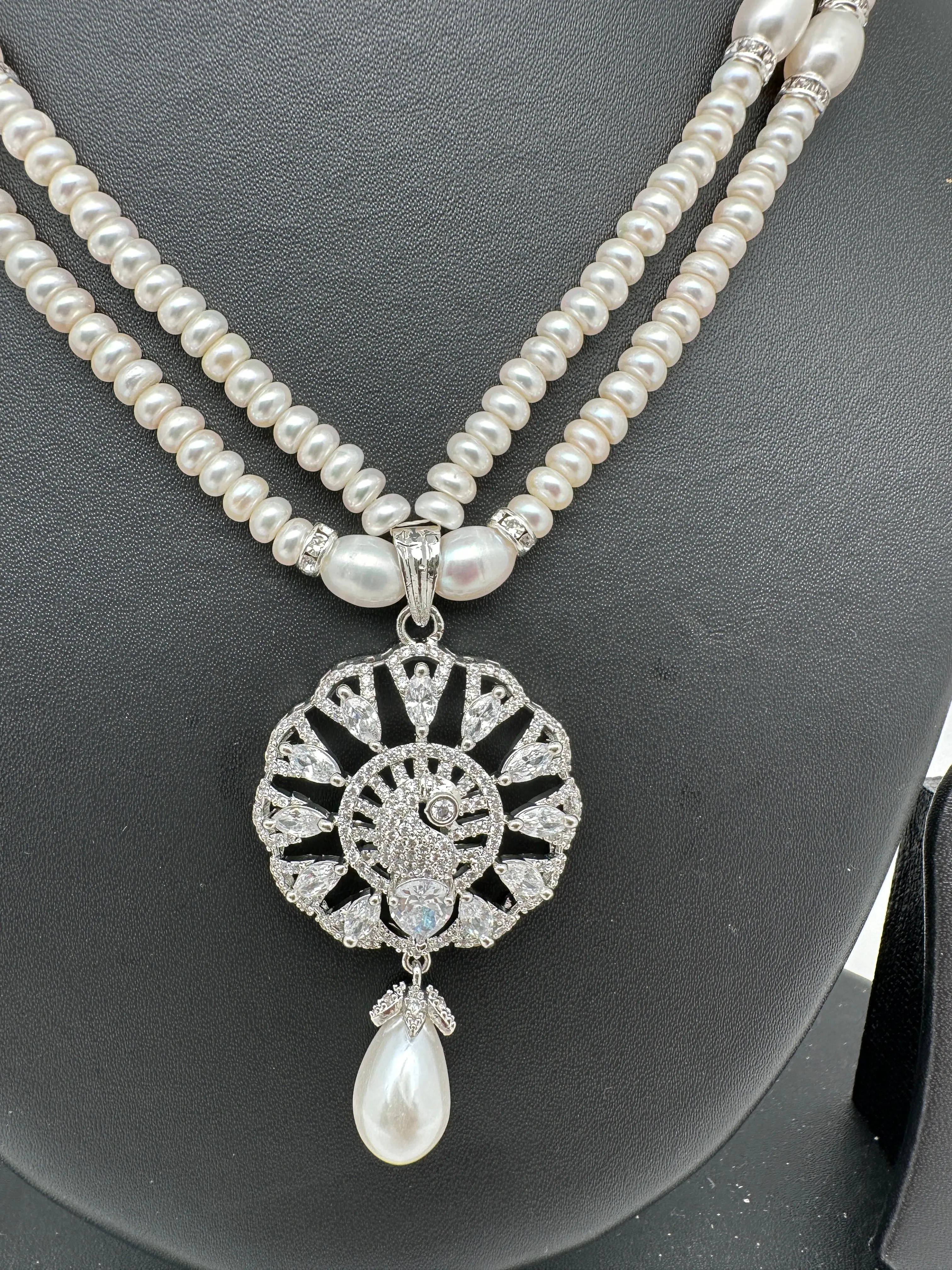 AD Pendent Double Line Real Freshwater Pearls Necklace