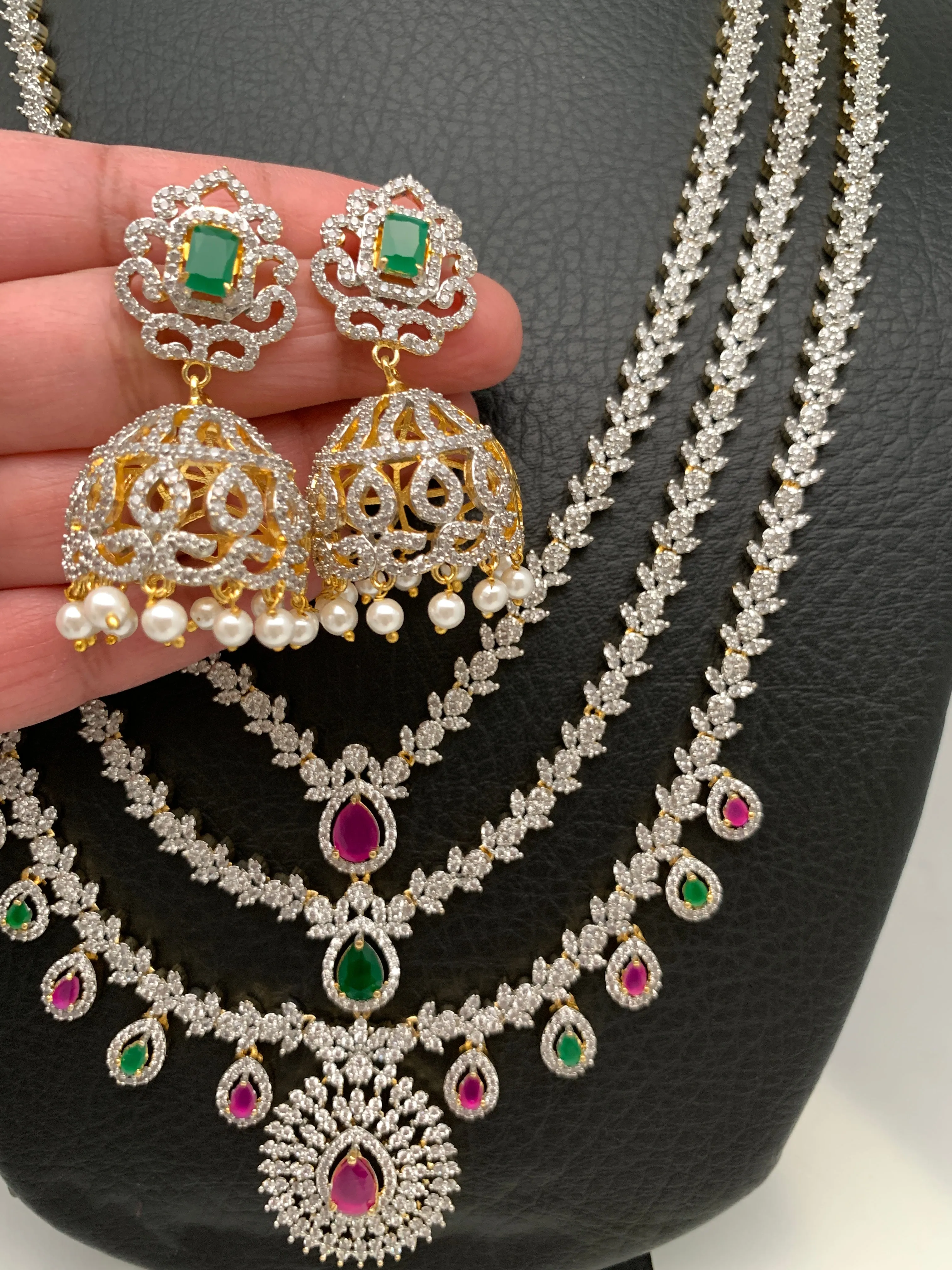 American Diamond Triple Layer Red Green Stone Long Necklace