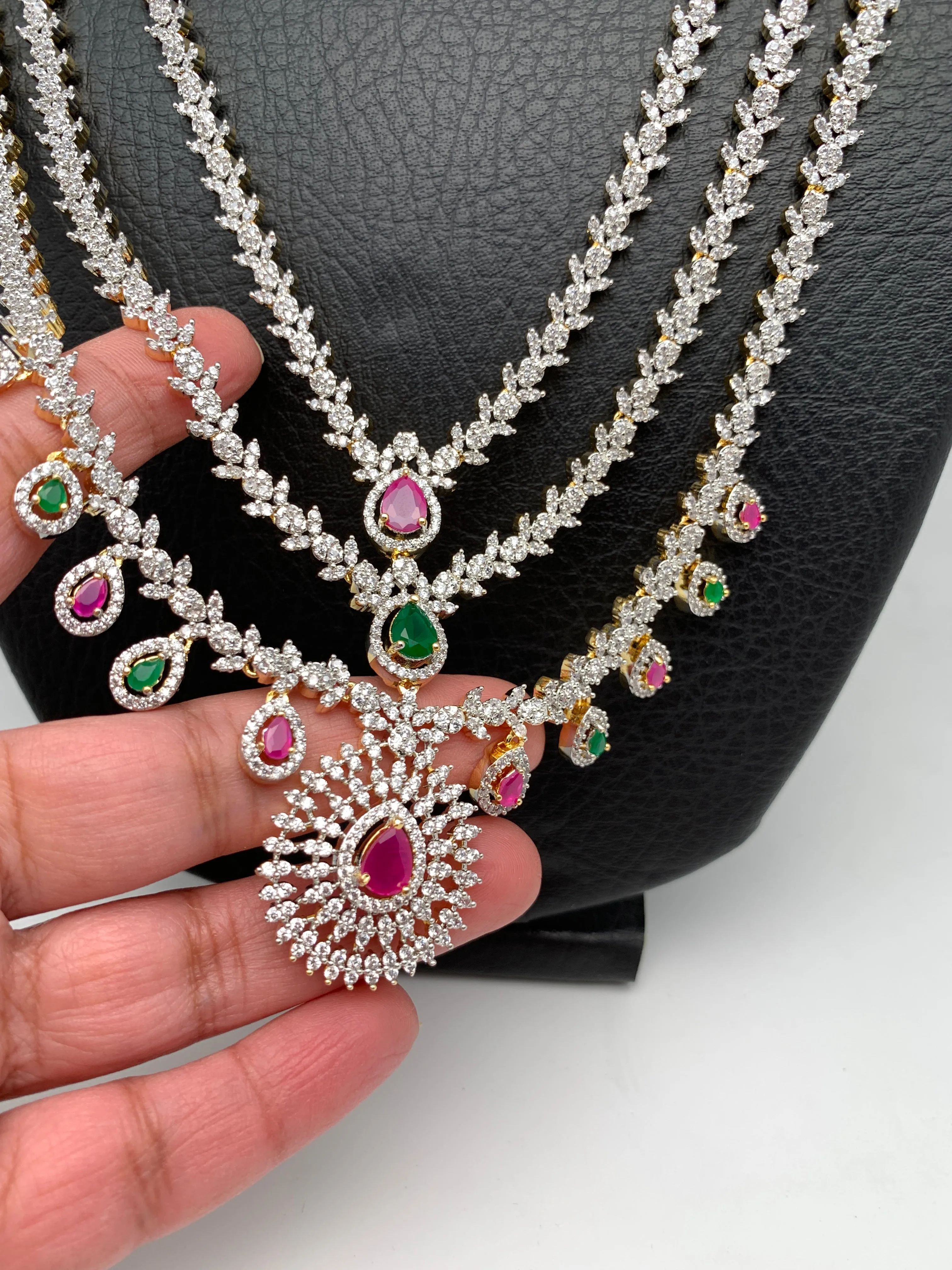 American Diamond Triple Layer Red Green Stone Long Necklace