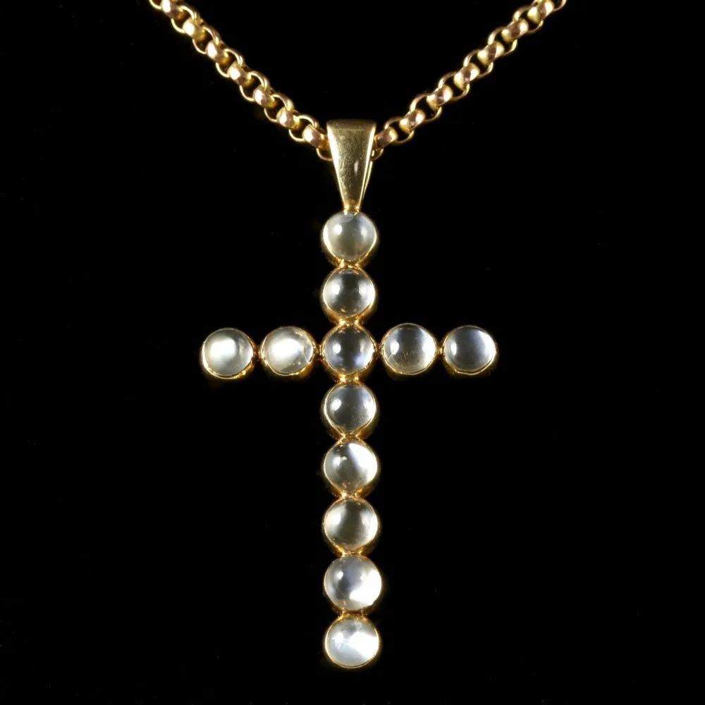 Antique Victorian Gold Moonstone Cross And Gold Necklace Circa 1900
