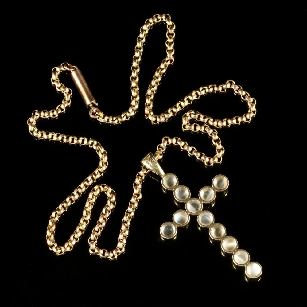 Antique Victorian Gold Moonstone Cross And Gold Necklace Circa 1900