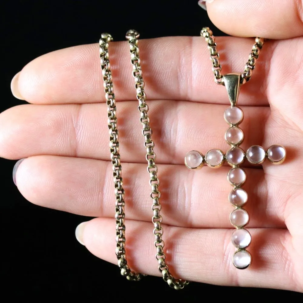 Antique Victorian Gold Moonstone Cross And Gold Necklace Circa 1900