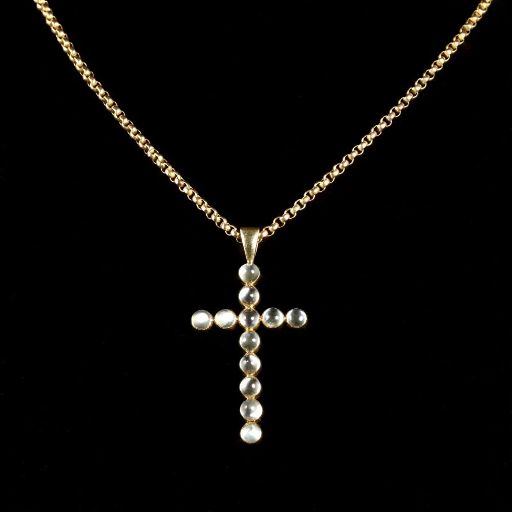 Antique Victorian Gold Moonstone Cross And Gold Necklace Circa 1900