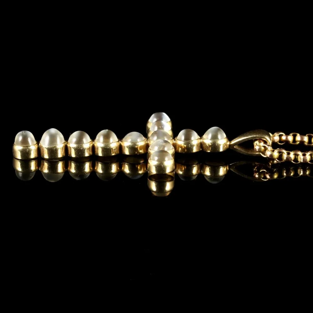 Antique Victorian Gold Moonstone Cross And Gold Necklace Circa 1900
