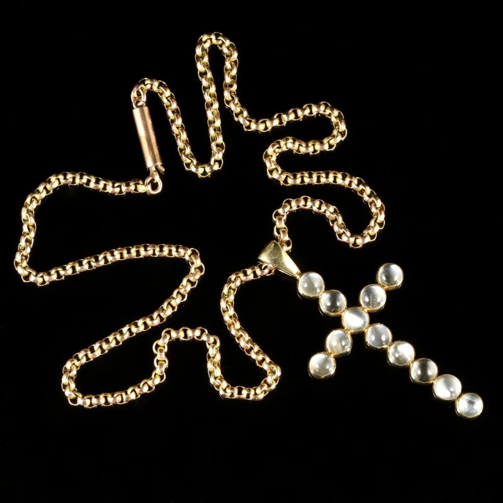 Antique Victorian Gold Moonstone Cross And Gold Necklace Circa 1900