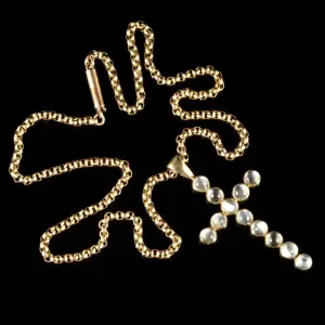 Antique Victorian Gold Moonstone Cross And Gold Necklace Circa 1900