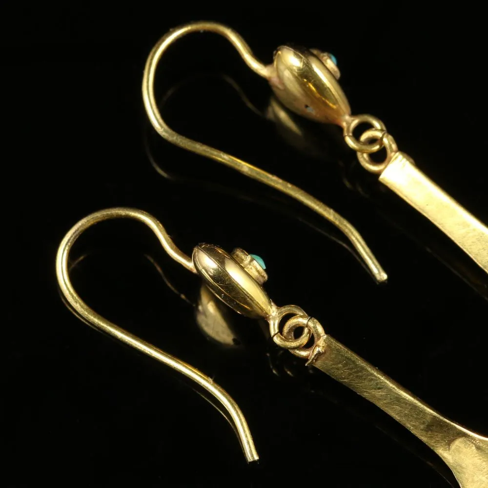 Antique Victorian Turquoise Heart Earrings 15Ct Gold Circa 1880