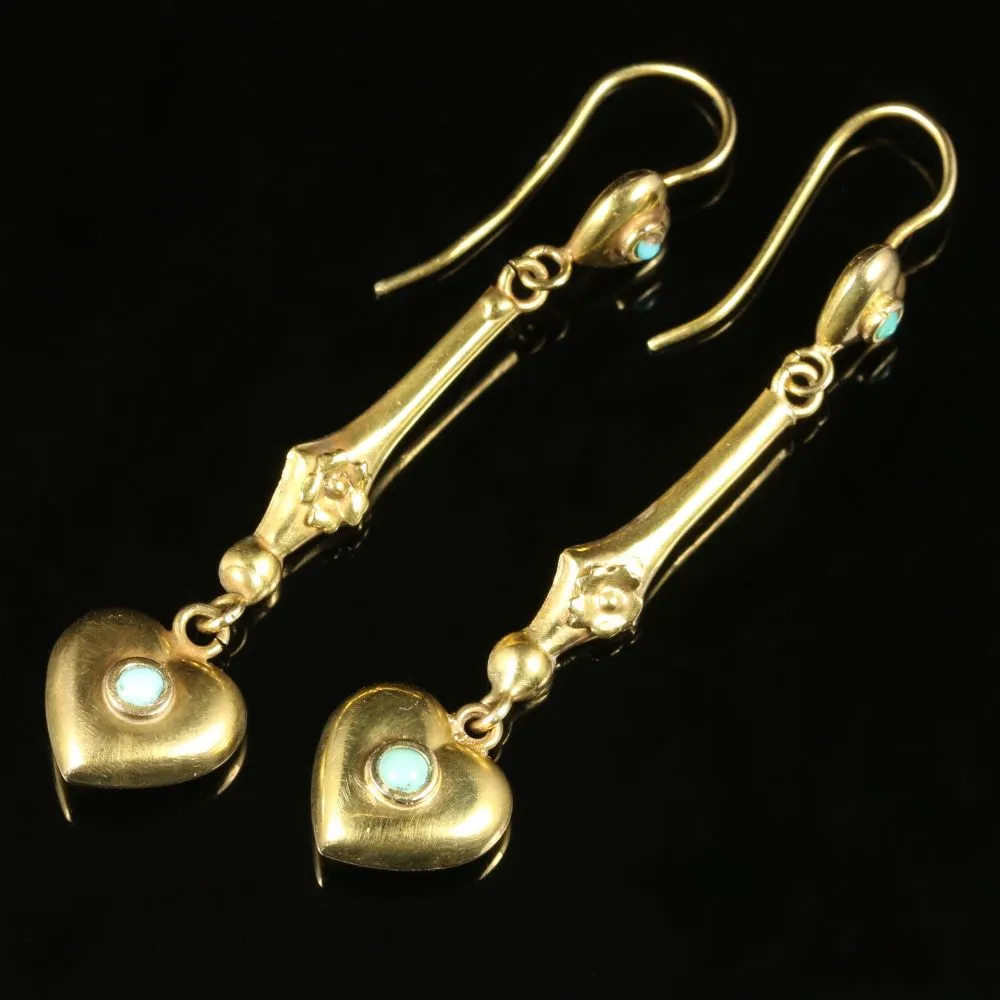 Antique Victorian Turquoise Heart Earrings 15Ct Gold Circa 1880