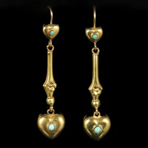 Antique Victorian Turquoise Heart Earrings 15Ct Gold Circa 1880