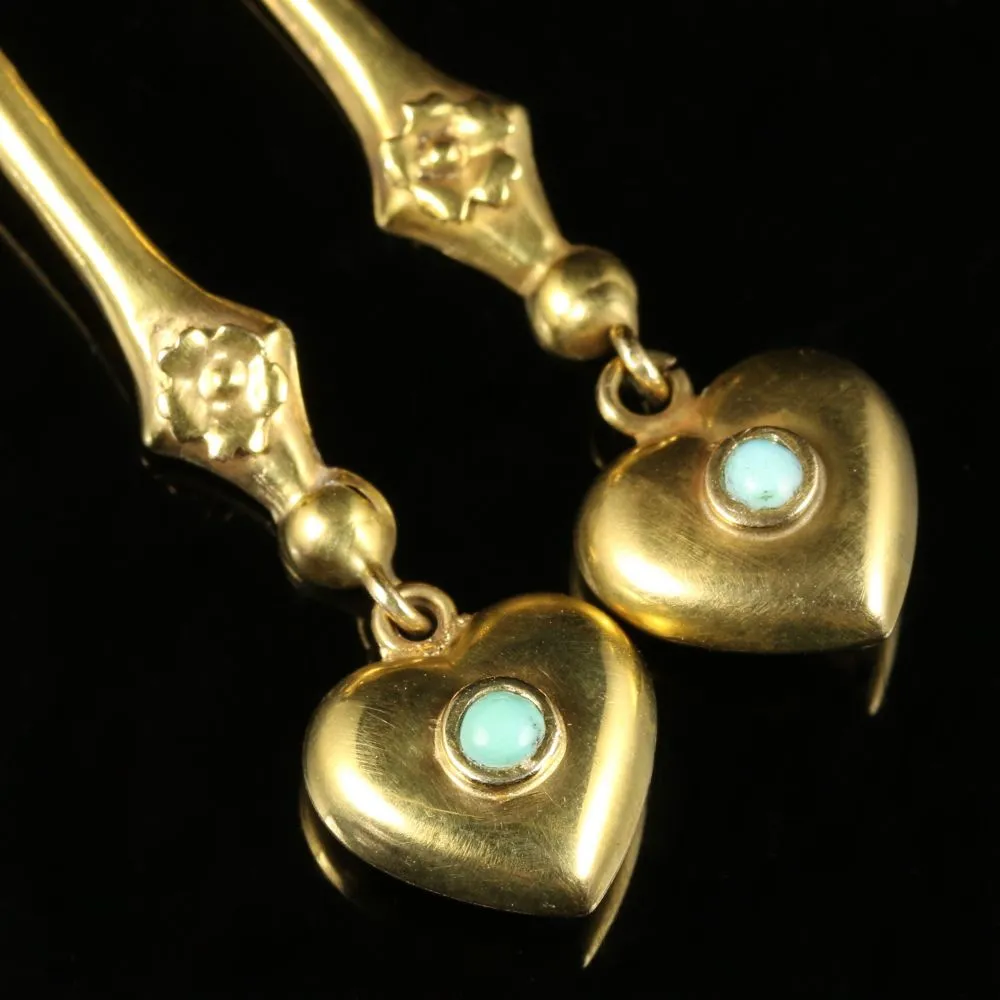 Antique Victorian Turquoise Heart Earrings 15Ct Gold Circa 1880