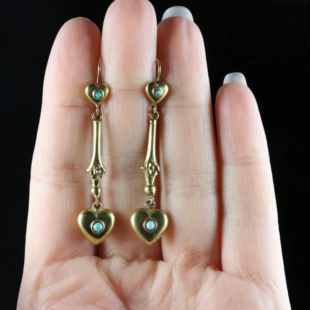 Antique Victorian Turquoise Heart Earrings 15Ct Gold Circa 1880