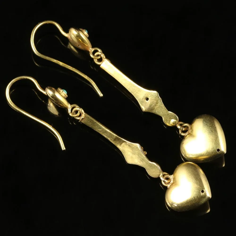 Antique Victorian Turquoise Heart Earrings 15Ct Gold Circa 1880