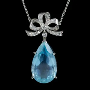 Aquamarine Diamond Pendant Lavaliere Necklace Platinum 20Ct Pear Cut Aqua