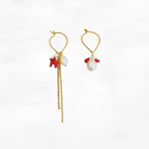 Asymmetrical Red Coral and Pearl Earrings