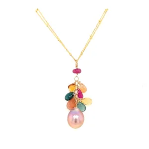 AVF Gold Filled Grandidierite, Pearl, Sunstone, Citrine & Ruby Cluster Double Chain Necklace (SI3724)