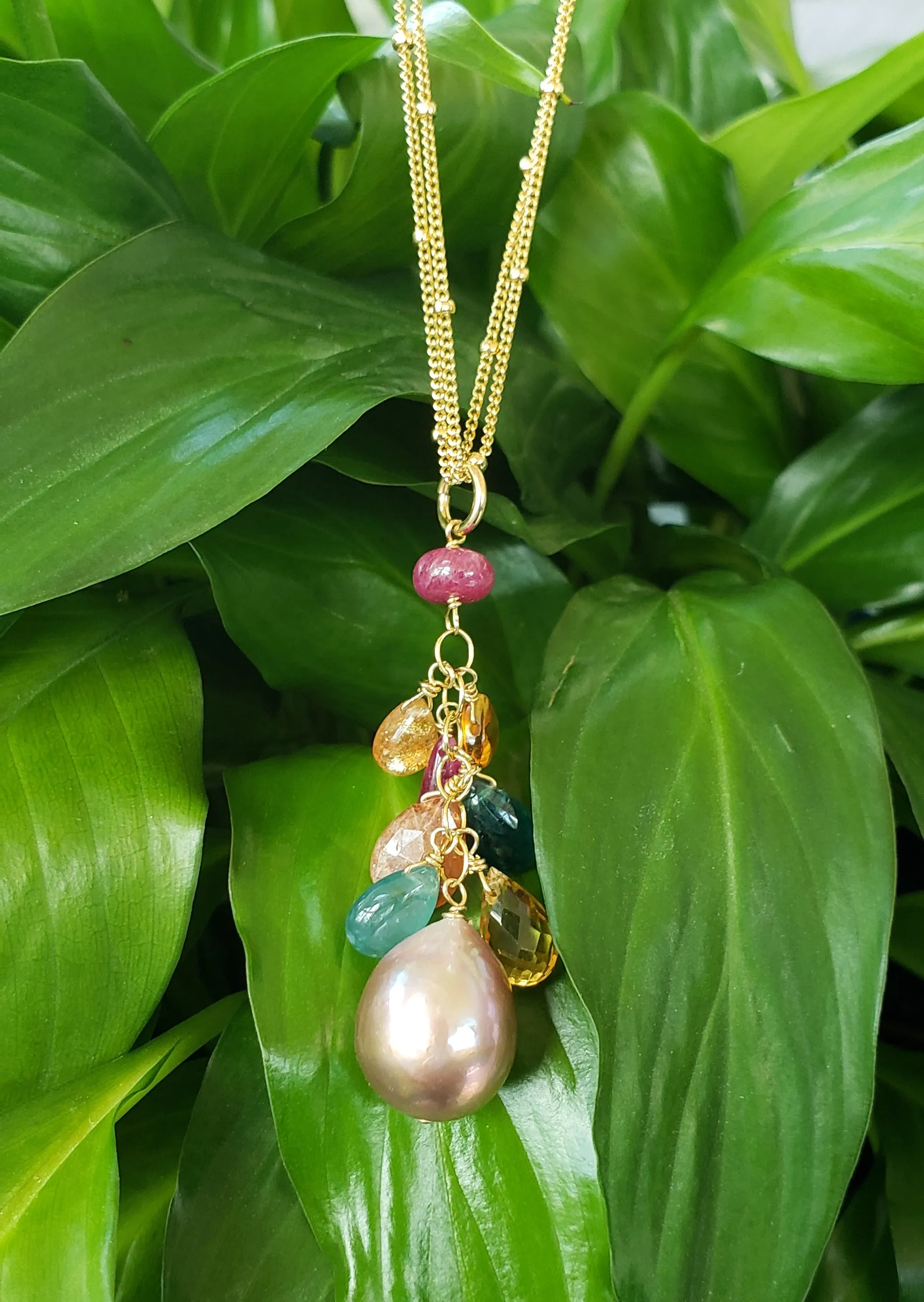 AVF Gold Filled Grandidierite, Pearl, Sunstone, Citrine & Ruby Cluster Double Chain Necklace (SI3724)