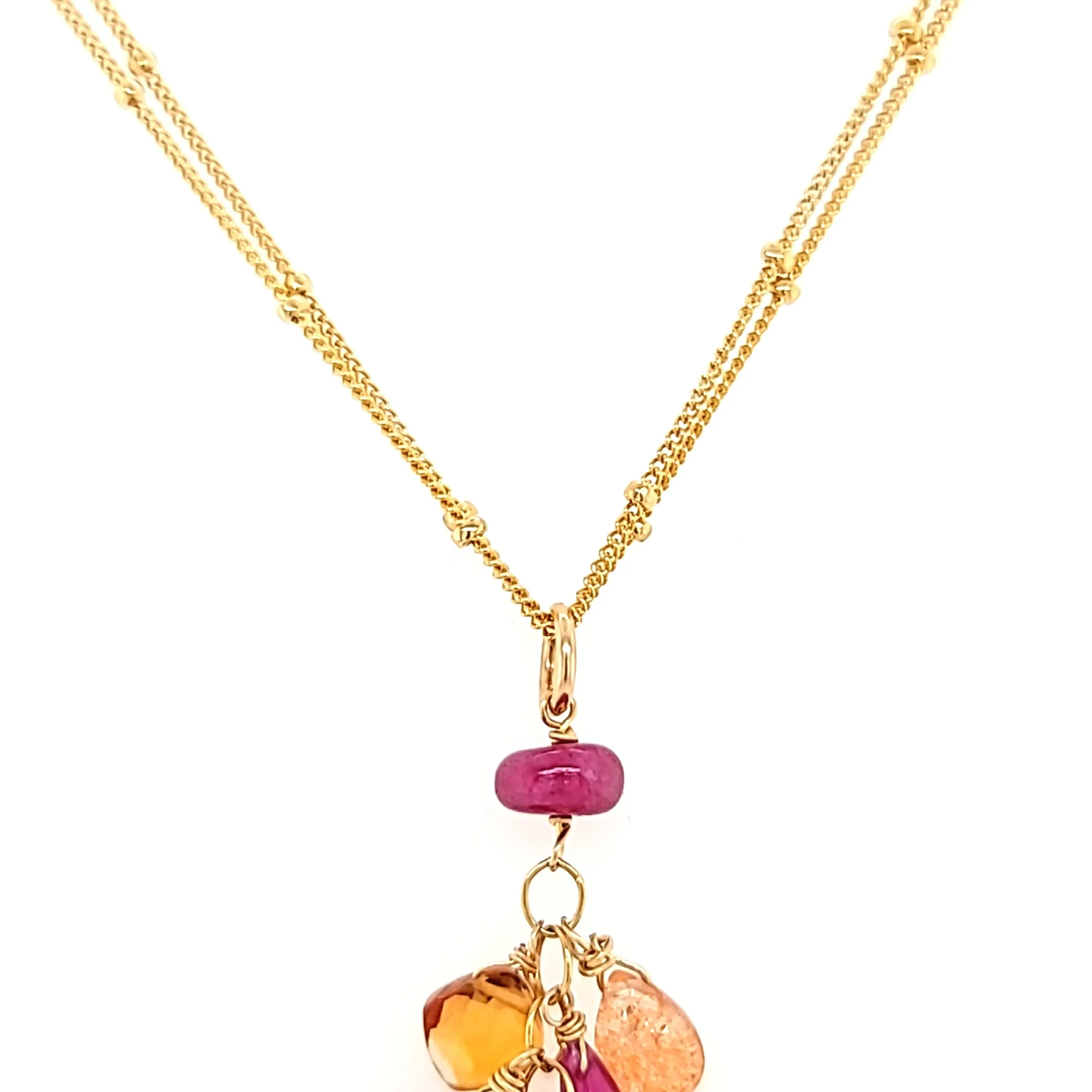 AVF Gold Filled Grandidierite, Pearl, Sunstone, Citrine & Ruby Cluster Double Chain Necklace (SI3724)