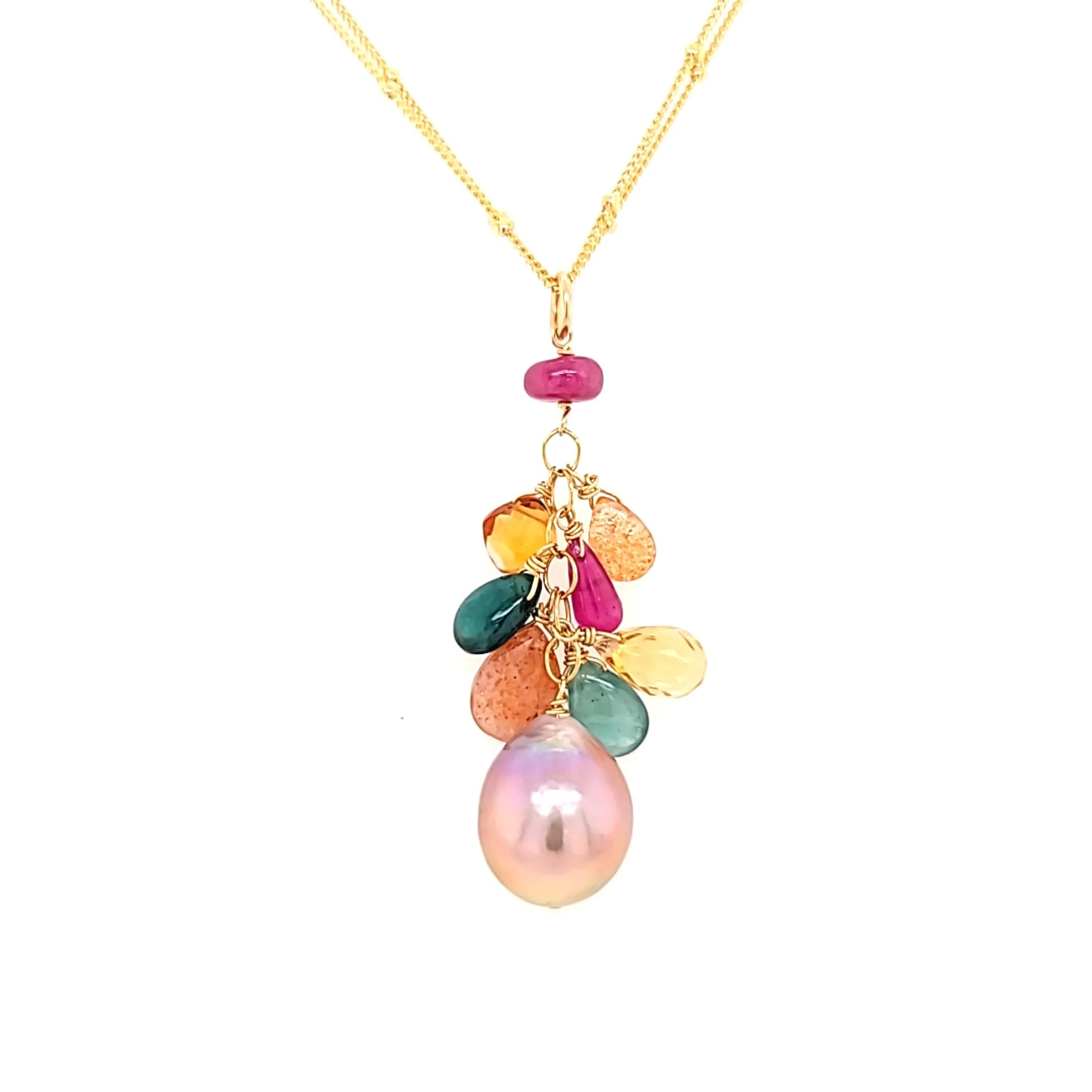 AVF Gold Filled Grandidierite, Pearl, Sunstone, Citrine & Ruby Cluster Double Chain Necklace (SI3724)