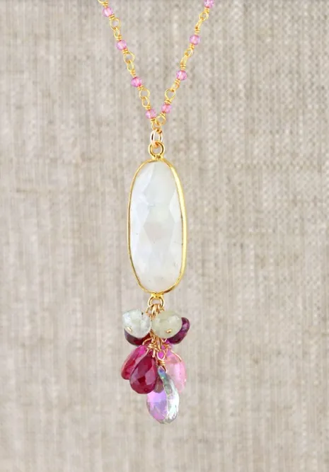 AVF Gold Oval Bezel Moonstone with Pink Sapphire, Pink Topaz, Mystic Topaz, Ruby & Rhodolite Garnet Necklace (SI6716)