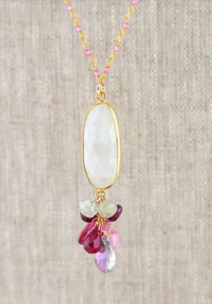 AVF Gold Oval Bezel Moonstone with Pink Sapphire, Pink Topaz, Mystic Topaz, Ruby & Rhodolite Garnet Necklace (SI6716)
