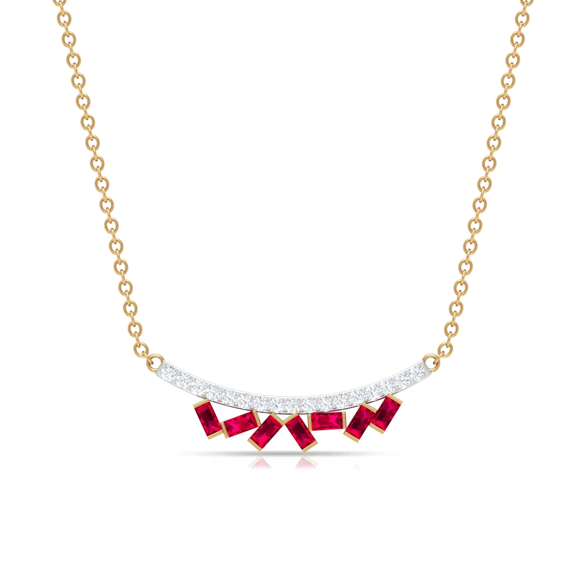 Baguette Cut Ruby Cluster Necklace with Diamond Curved Bar