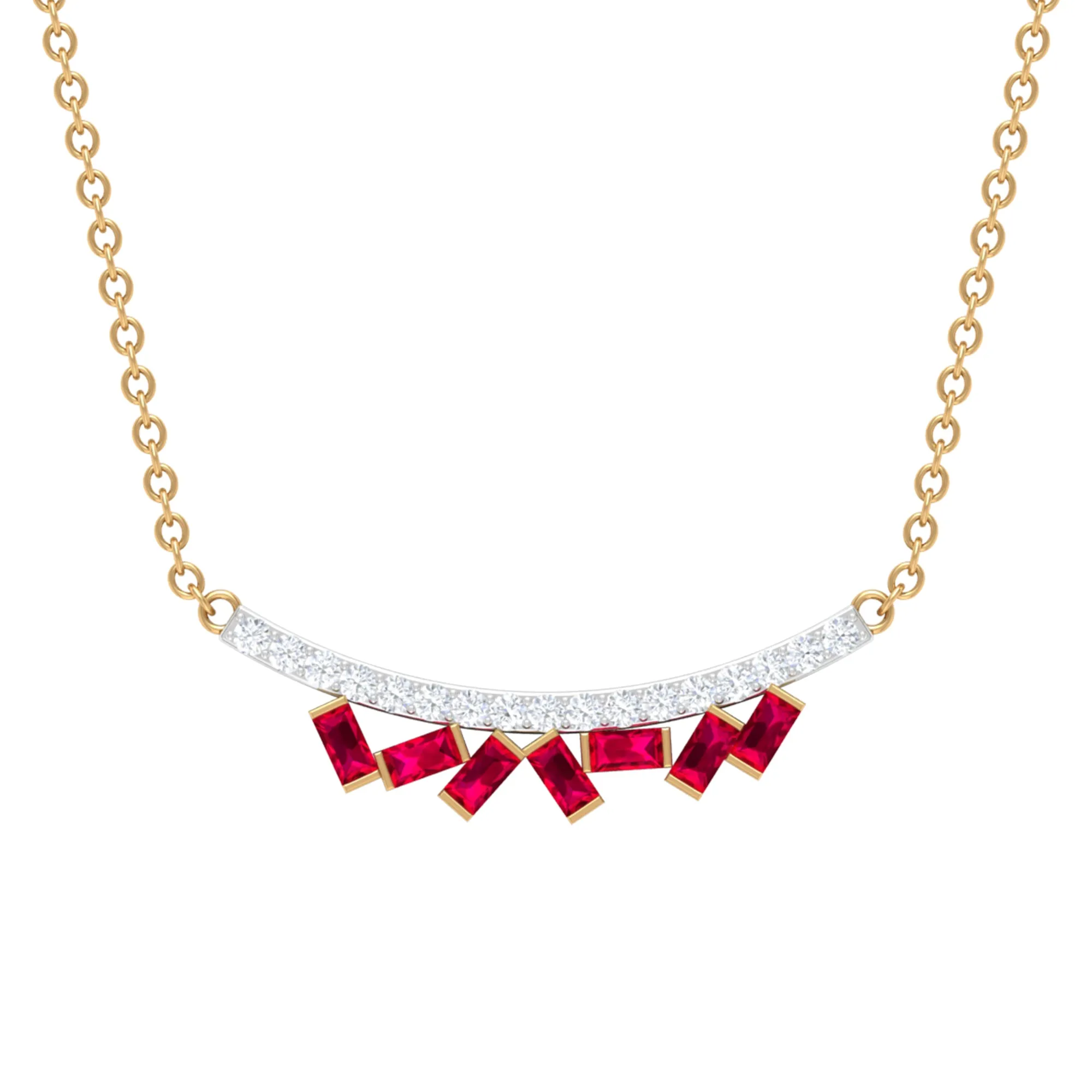 Baguette Cut Ruby Cluster Necklace with Diamond Curved Bar
