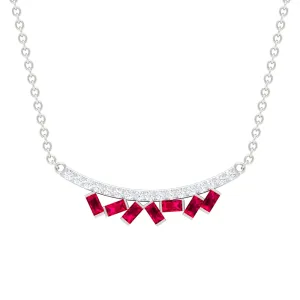 Baguette Cut Ruby Cluster Necklace with Diamond Curved Bar