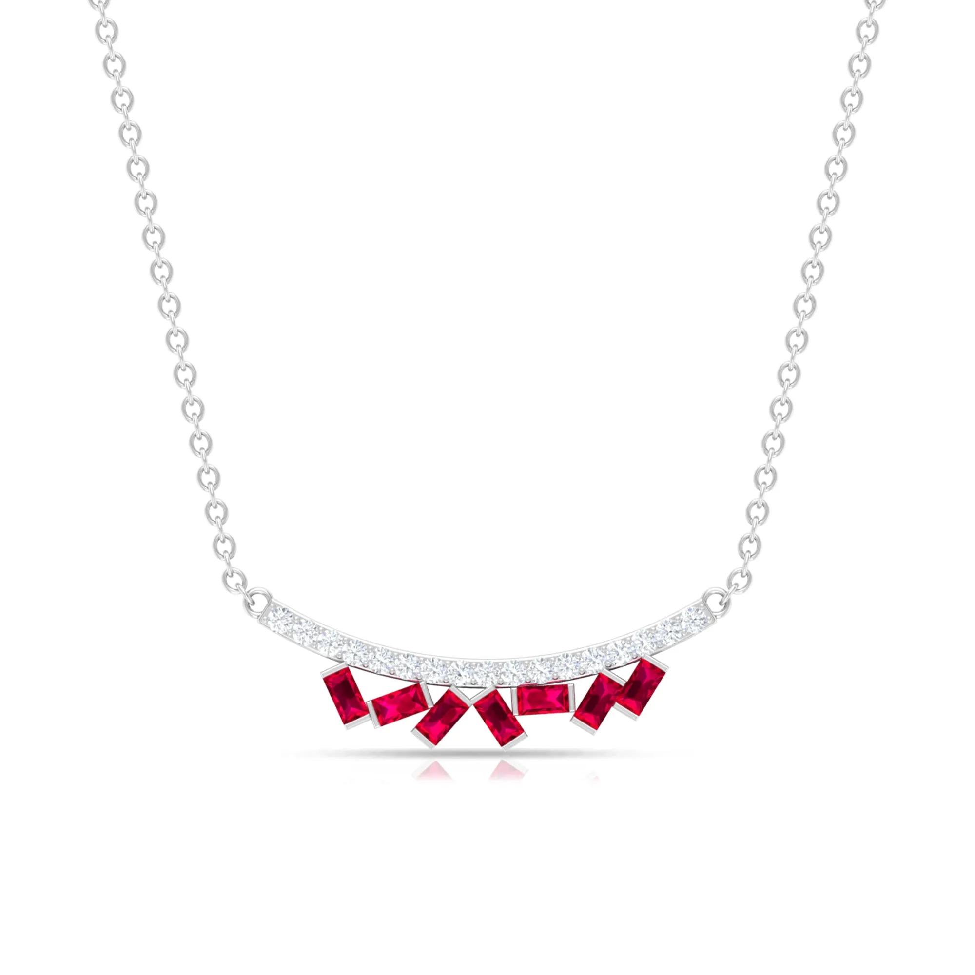 Baguette Cut Ruby Cluster Necklace with Diamond Curved Bar