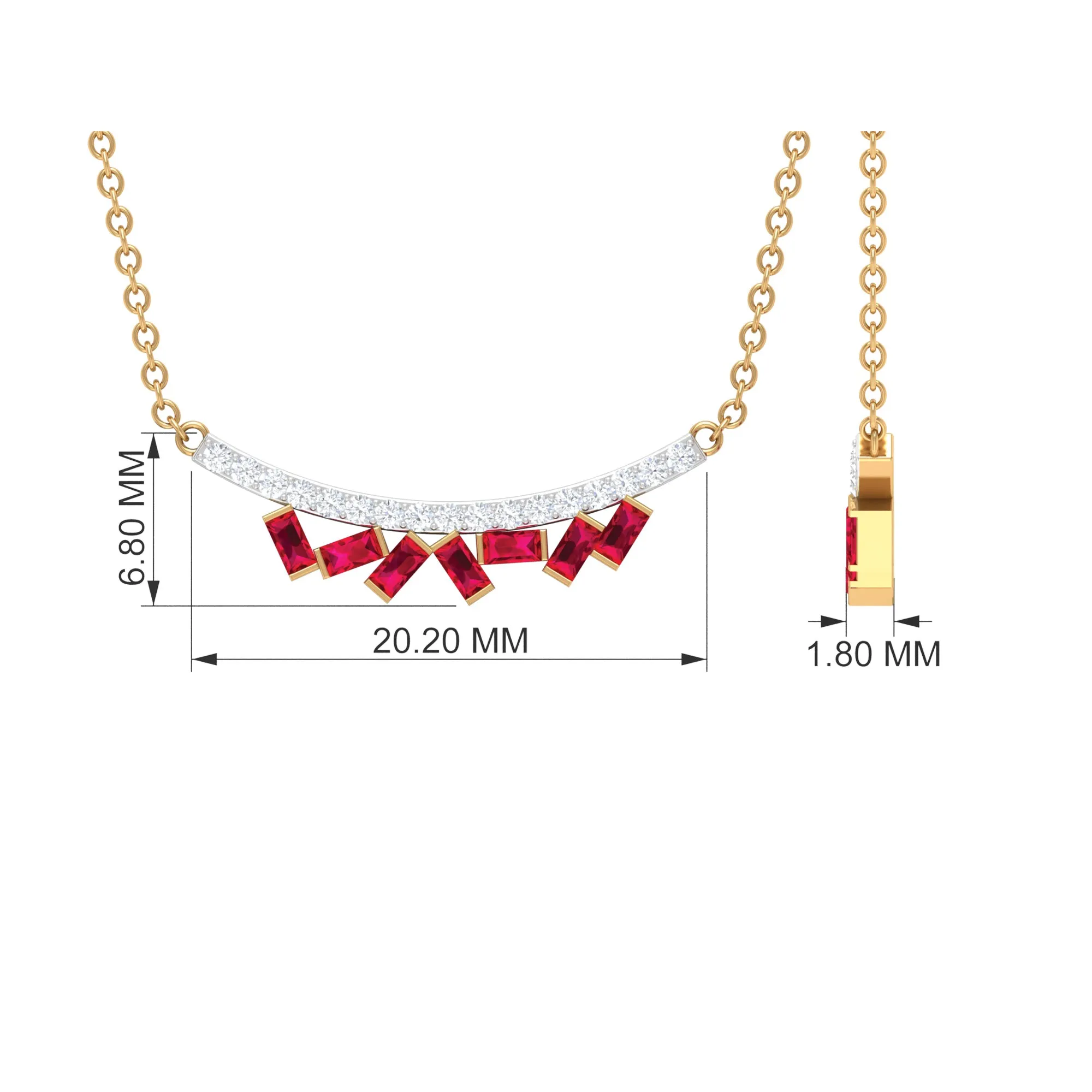 Baguette Cut Ruby Cluster Necklace with Diamond Curved Bar