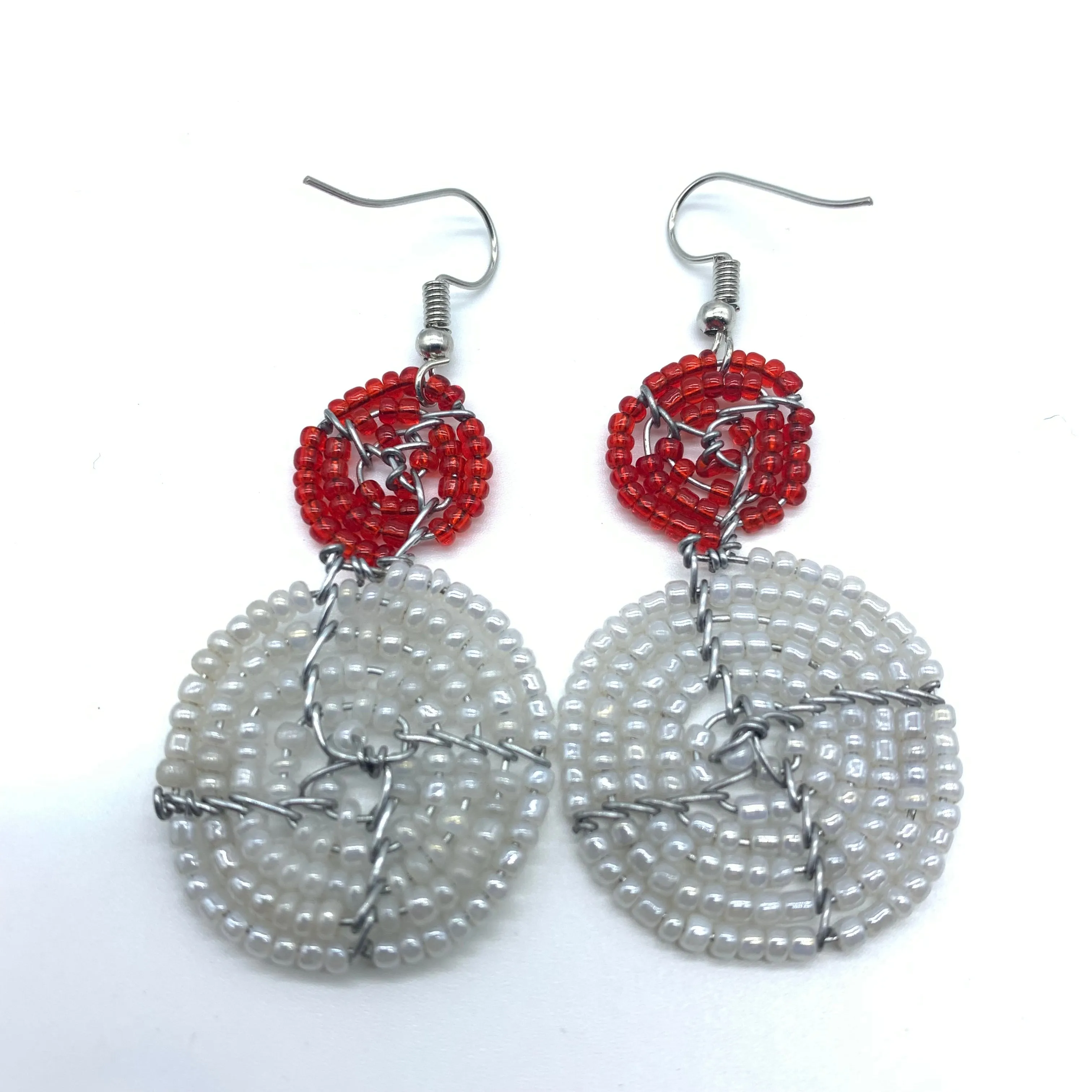 Beaded Earrings 2 Tone 2 Cirles -Pearl White