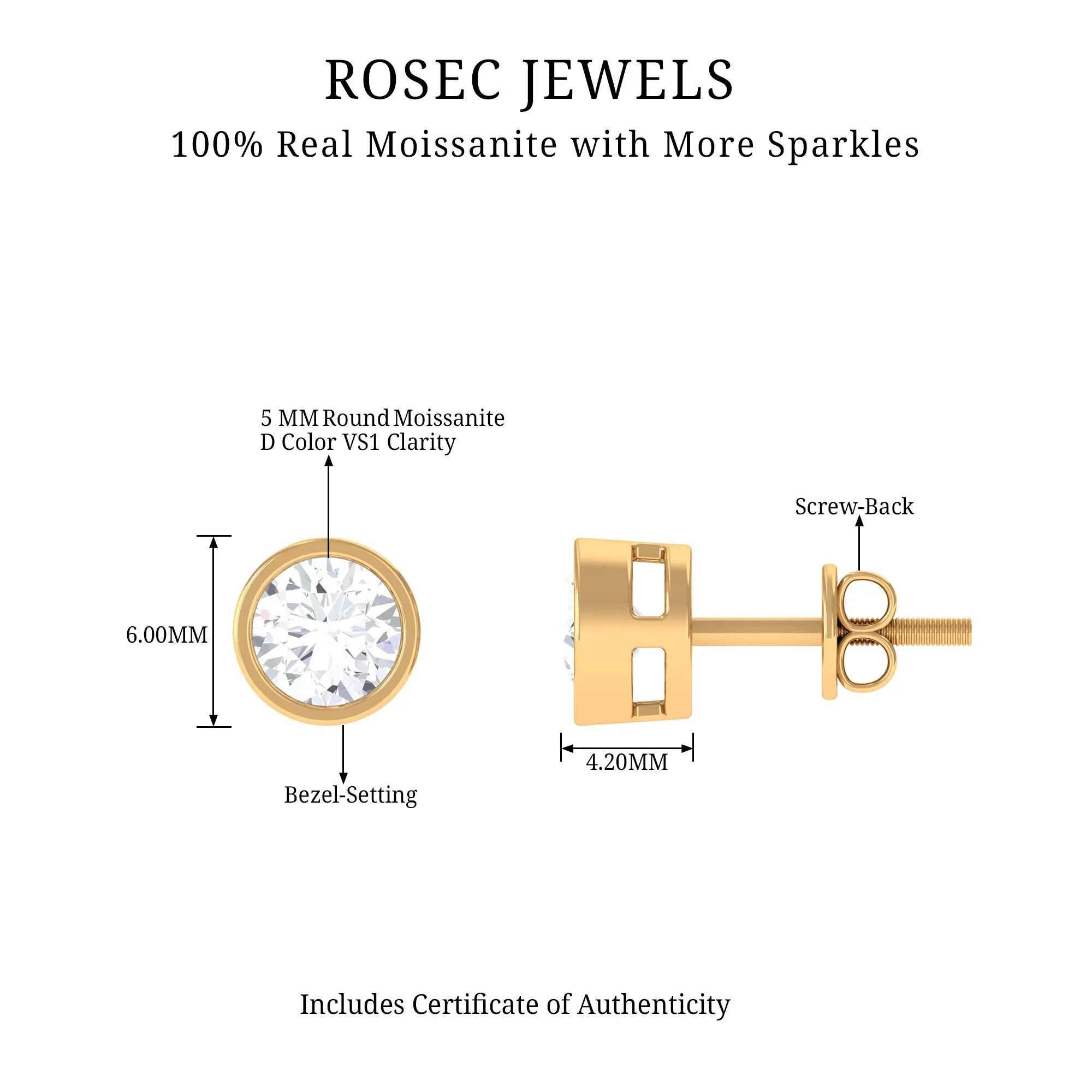 Bezel Set Moissanite Solitaire Stud Earrings for Women