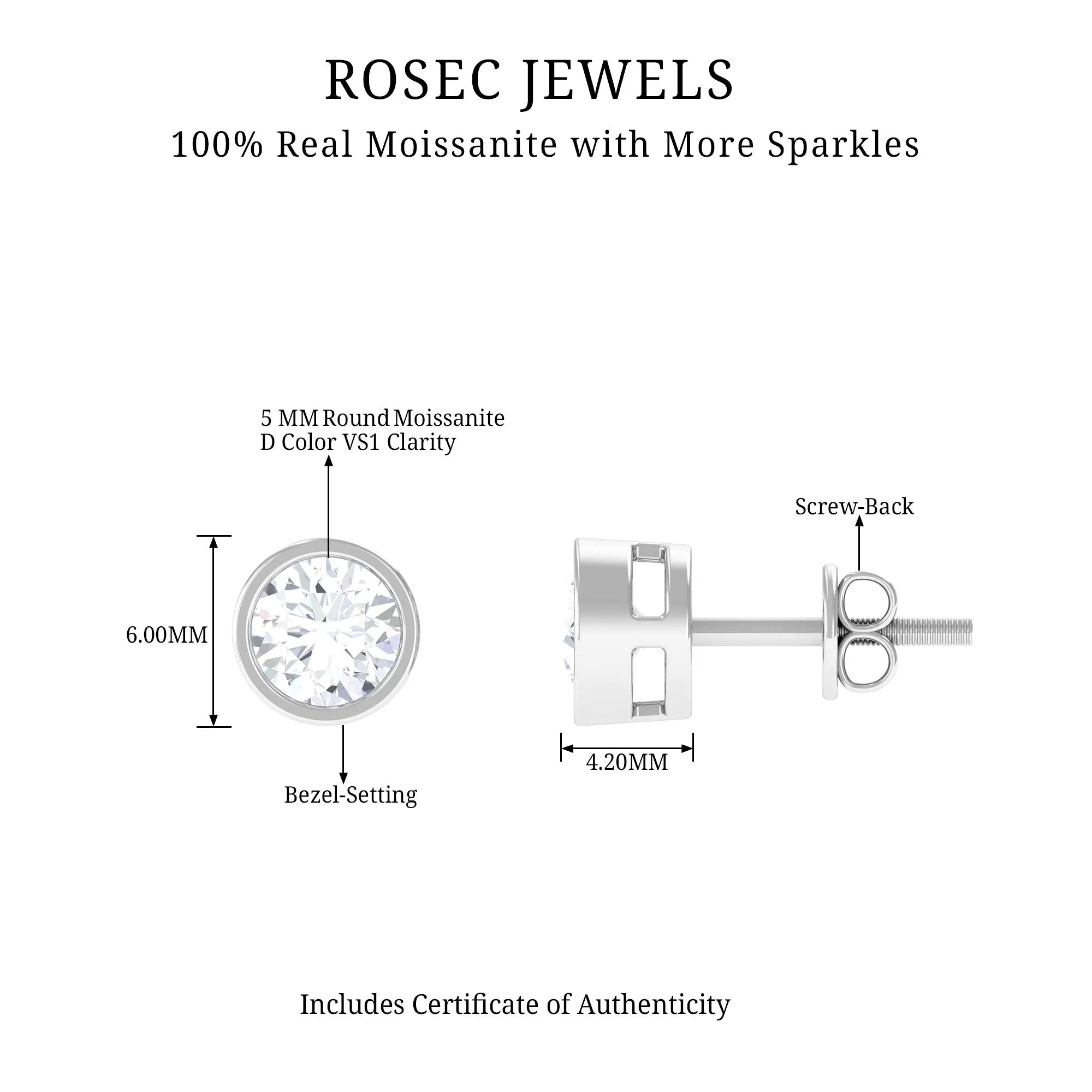 Bezel Set Moissanite Solitaire Stud Earrings for Women