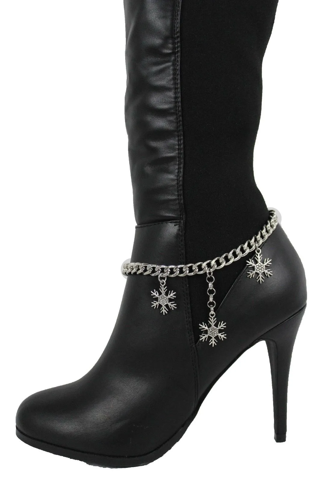 Boot Bracelet Silver Metal Chain Shoe Bling Snow Flakes Charm Christmas