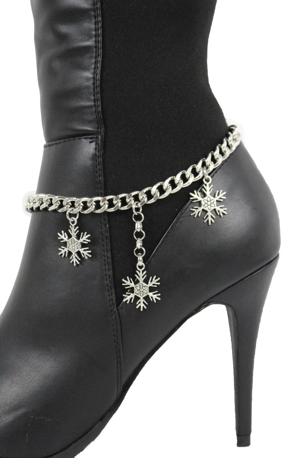 Boot Bracelet Silver Metal Chain Shoe Bling Snow Flakes Charm Christmas