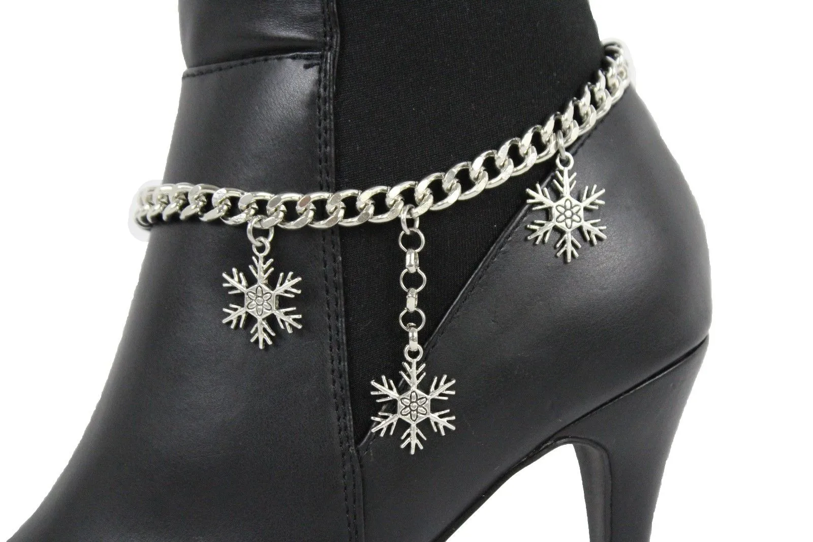 Boot Bracelet Silver Metal Chain Shoe Bling Snow Flakes Charm Christmas