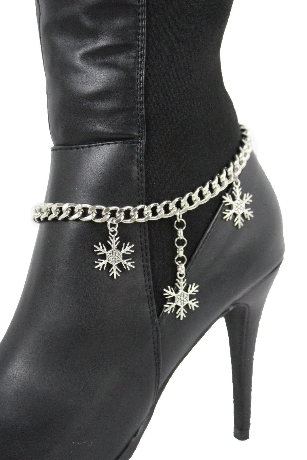 Boot Bracelet Silver Metal Chain Shoe Bling Snow Flakes Charm Christmas