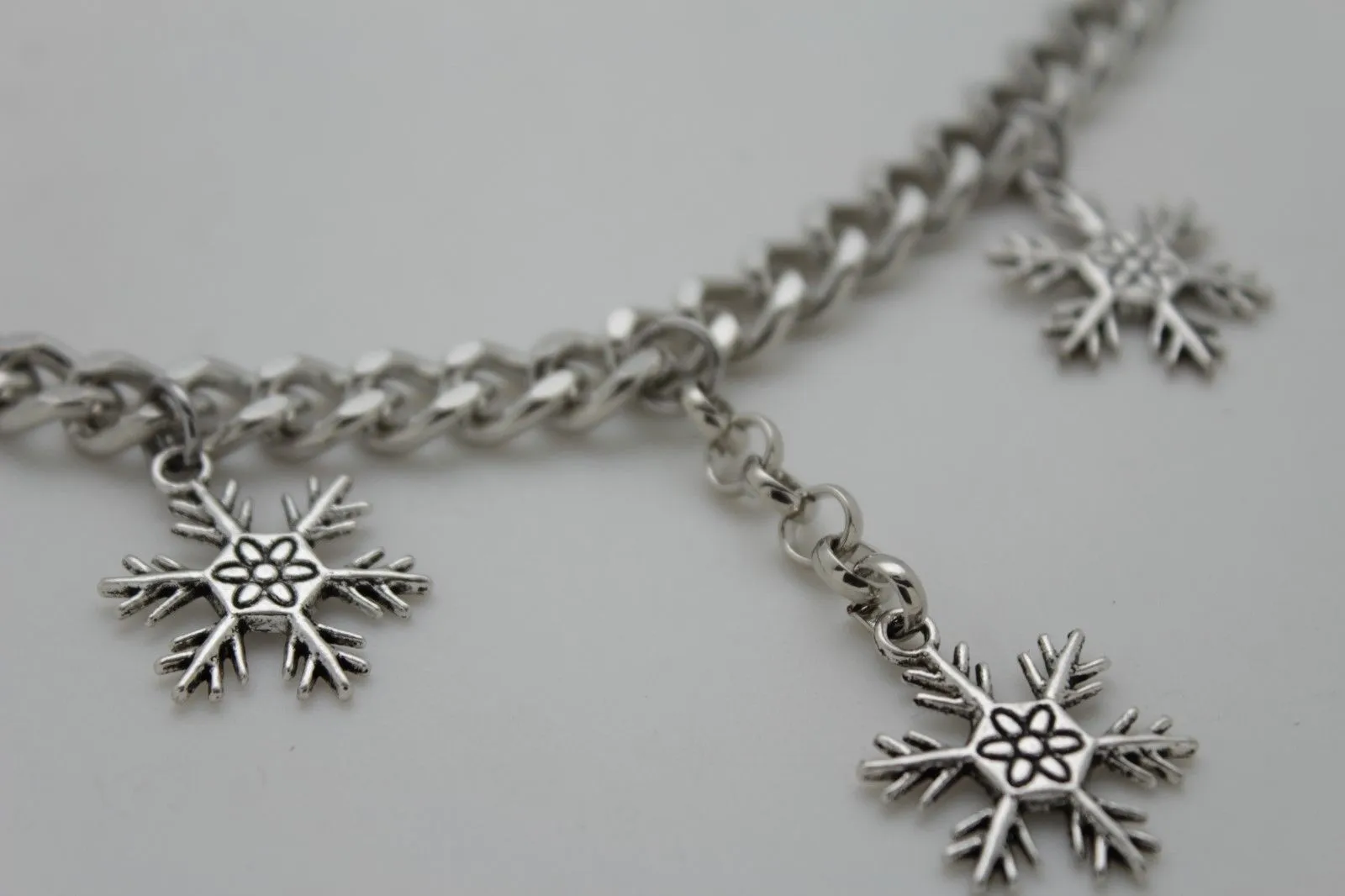 Boot Bracelet Silver Metal Chain Shoe Bling Snow Flakes Charm Christmas