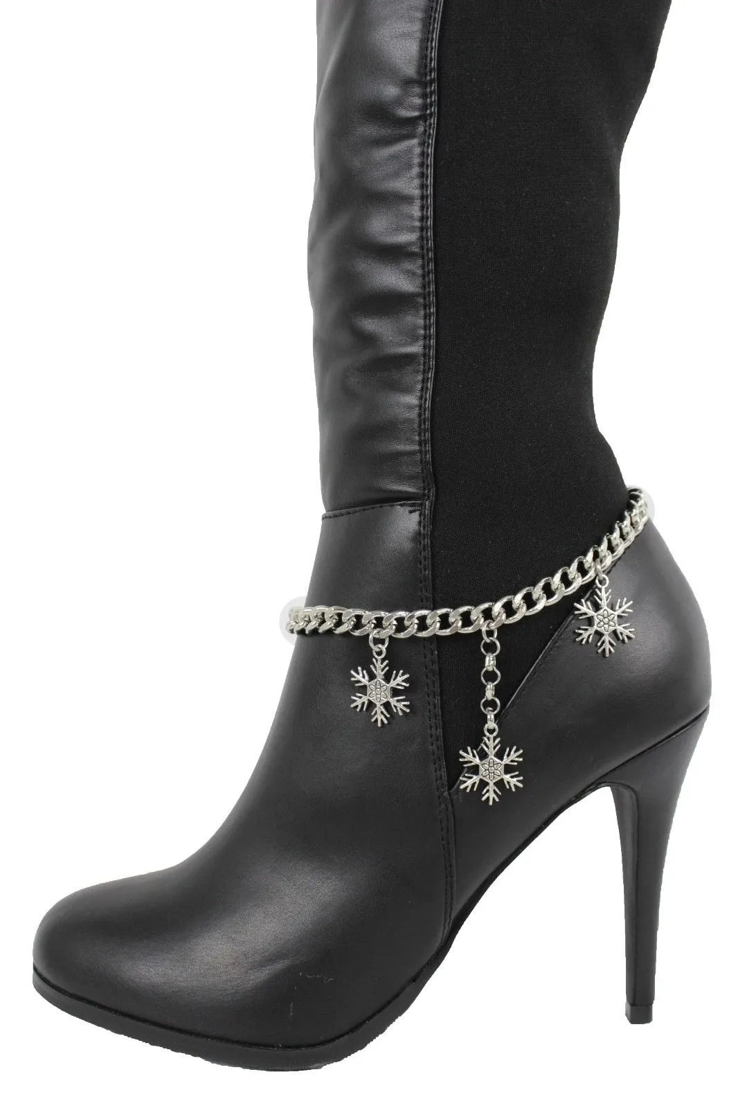 Boot Bracelet Silver Metal Chain Shoe Bling Snow Flakes Charm Christmas