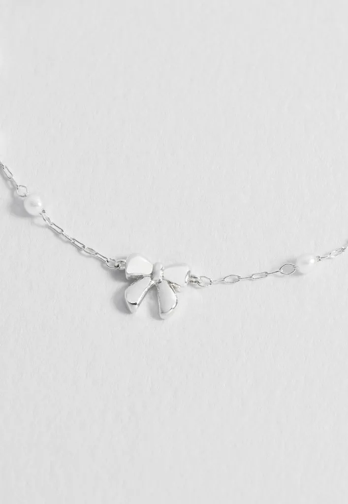 Bow with Pearl Beaded Chain Bracelet Silver Plated