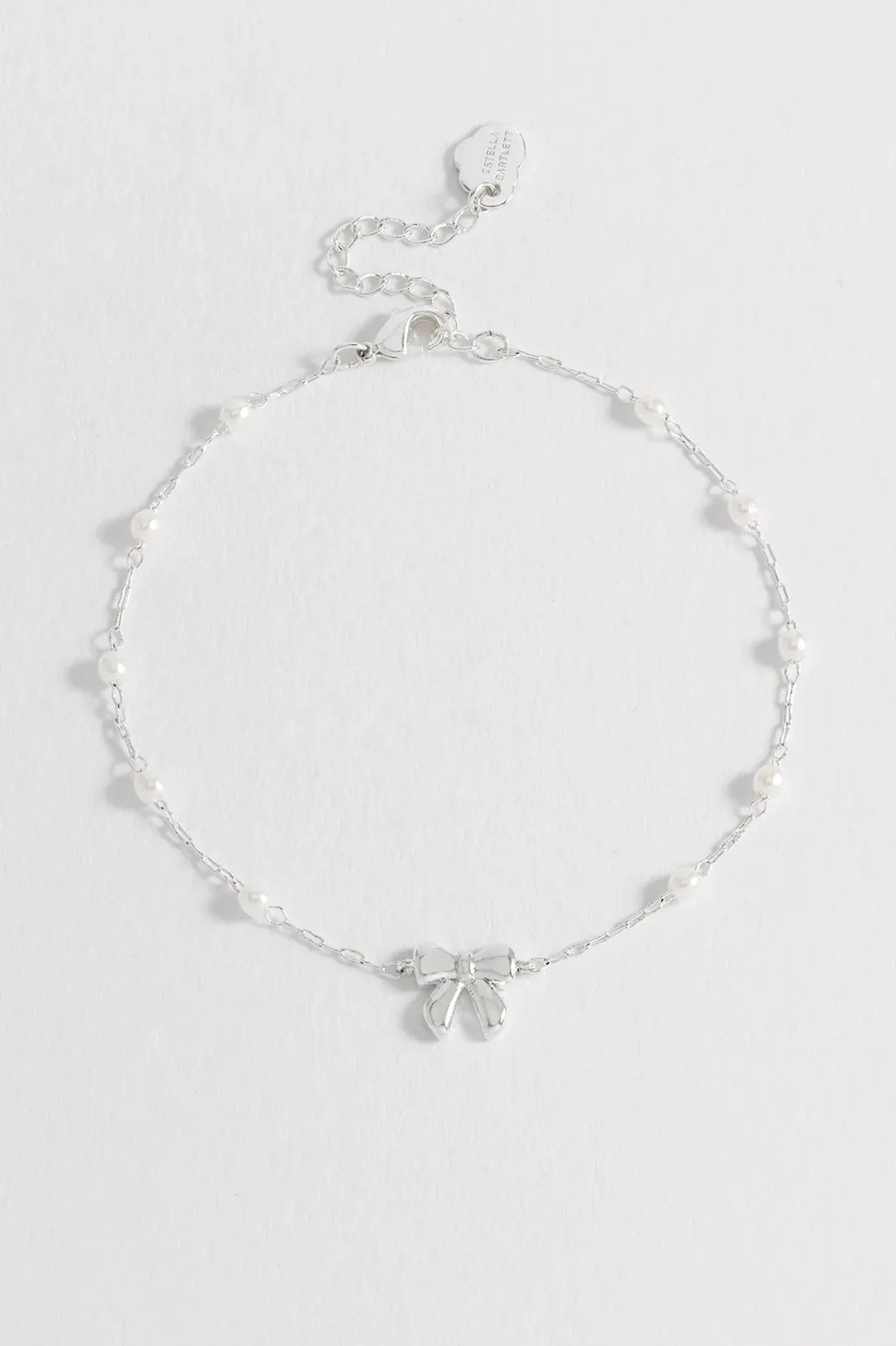 Bow with Pearl Beaded Chain Bracelet Silver Plated