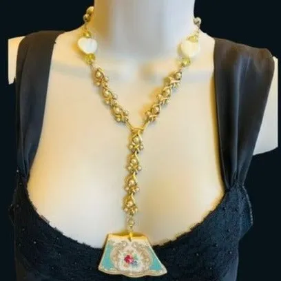 Broken China Pendant with Reworked Vintage Necklace Components & Moonstone Hearts