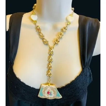 Broken China Pendant with Reworked Vintage Necklace Components & Moonstone Hearts