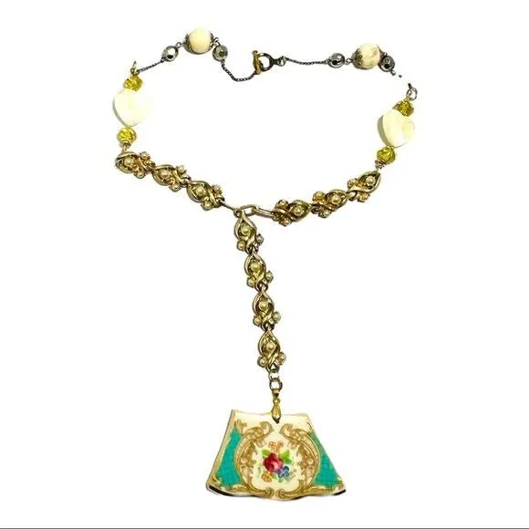 Broken China Pendant with Reworked Vintage Necklace Components & Moonstone Hearts