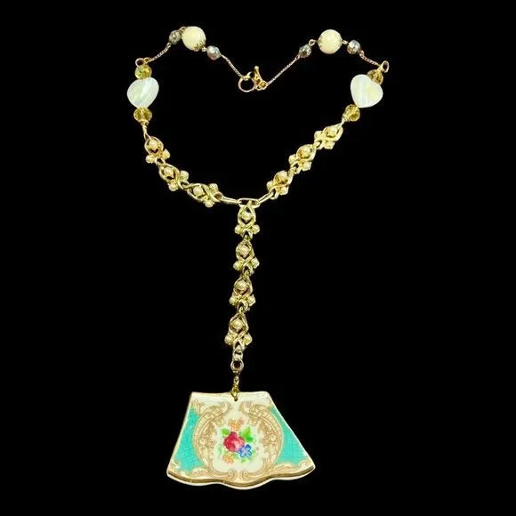 Broken China Pendant with Reworked Vintage Necklace Components & Moonstone Hearts