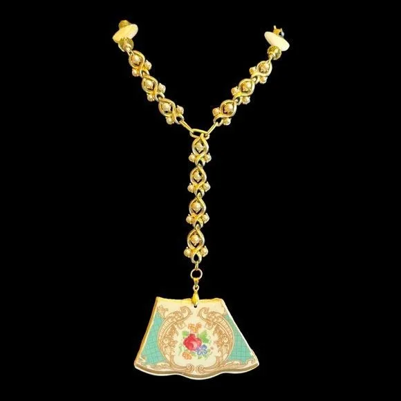 Broken China Pendant with Reworked Vintage Necklace Components & Moonstone Hearts